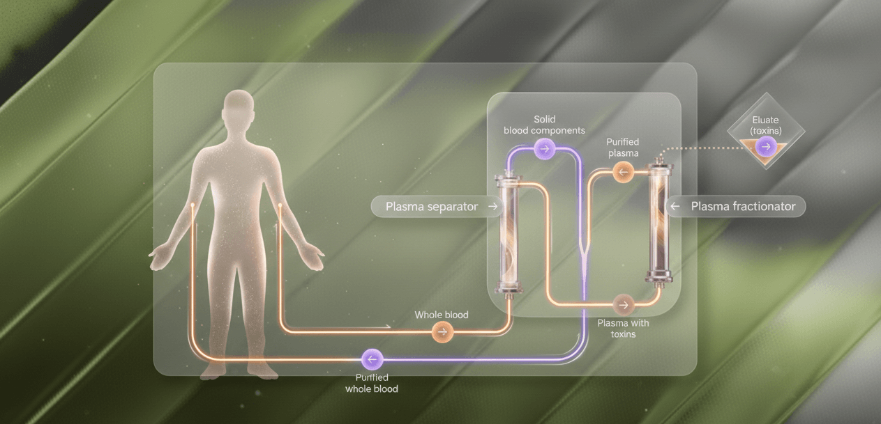 Diagram of the INUSpheresis circuit: whole blood is drawn from the arm, passed through a plasma separator and plasma fractionator, toxins are removed as eluate, and purified whole blood is returned.